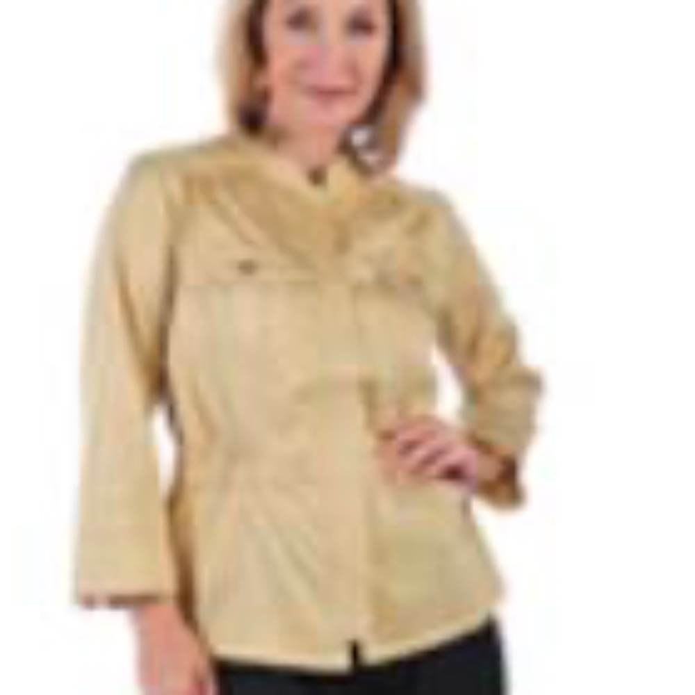 MILITARY STYLE JACKET, JOAN RIVERS, SAND, SIZE 28W, STAND UP COLLAR, CHEST POCKE